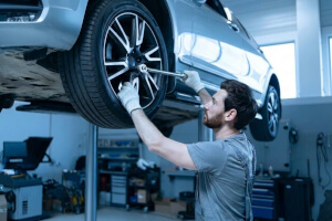 Mechaniker führt Servicemaßnahmen an einem Chrysler in der Werkstatt durch